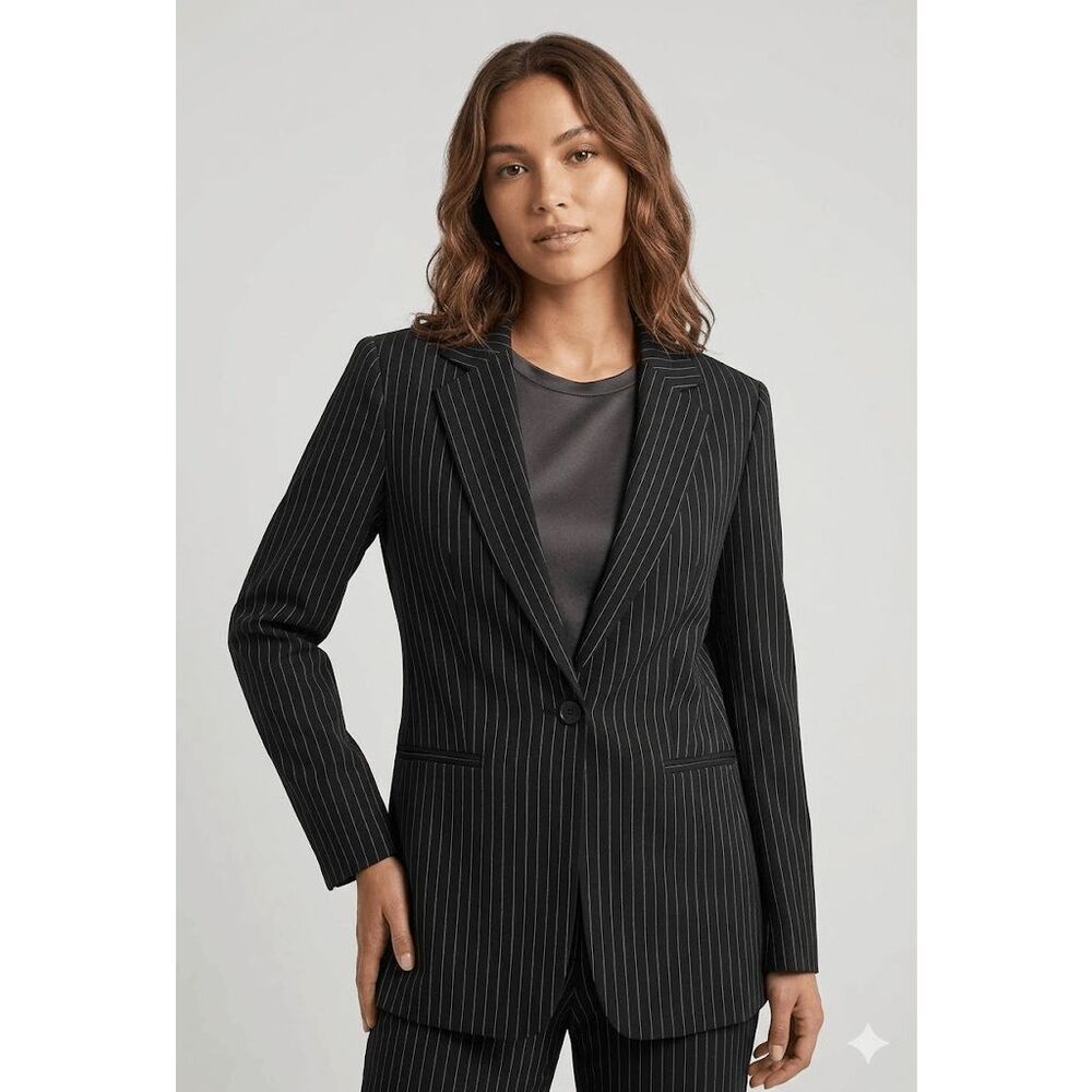 DKNY Pinstripe Notch Collar Long Sleeve Button Front Coordinating Blazer Jacket